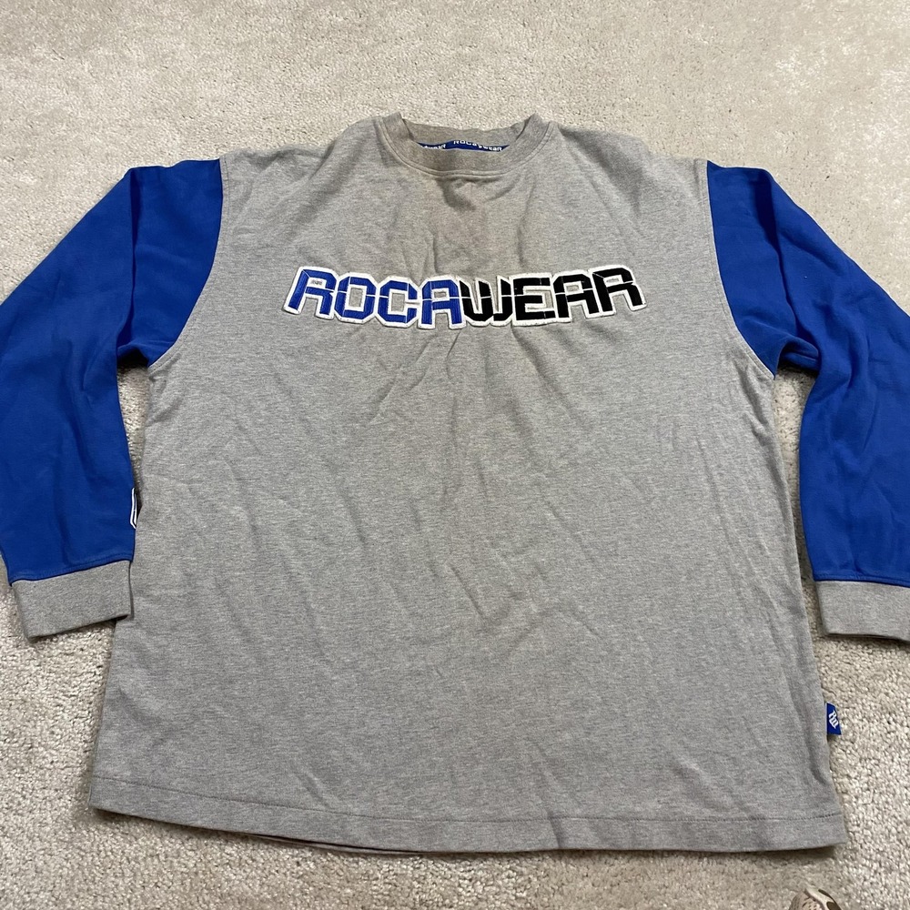 Rocawear Shirt Mens M Gray Blue Long Sleeve Embroidered Logo Streetwear Hip Hop